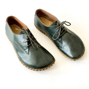 Grounding Shoes Women, Earthing Shoes,All Leather Shoes, With Copper Rivet, Wide Toe Box, Barefoot Oxford Shoes| Bottle Green