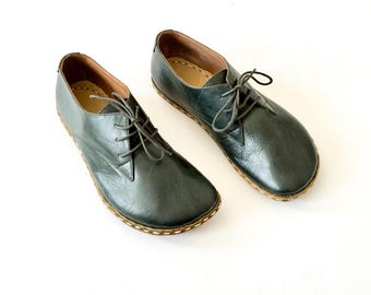 Mens Leather Barefoot Oxford Shoes: Grounding Earthing Shoes - Bottle Green