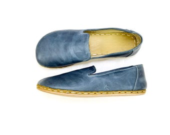 Grounding Leather Shoes: Women's Copper Earthing Barefoot Shoes - Jeans Blue