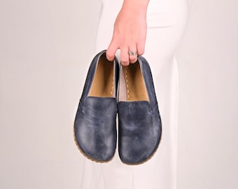 Navy Blue Leather Barefoot Shoes Women - Grounding Moccasins