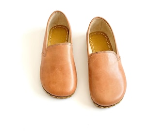 Men's Handmade Brown Leather Barefoot Slip-On Shoes: Grounding Zero Drop Sole - MATTE BROWN