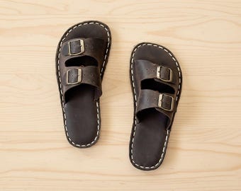Women Bitter Brown Leather Barefoot Sandals: Grounding Copper Rivet Slippers