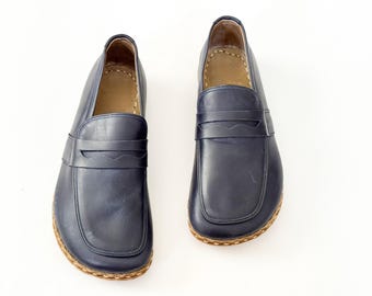 Mocassini Barefoot in pelle blu navy da uomo - Grounding Penny Shoes
