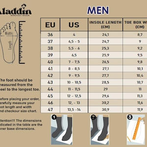 Peut inclure: Tableau des tailles de chaussures pieds nus Aladdin pour hommes. Indique les tailles EU et US, la longueur de la semelle int&eacute;rieure en cm et la largeur du bout du pied en cm. Instructions de mesure incluses.