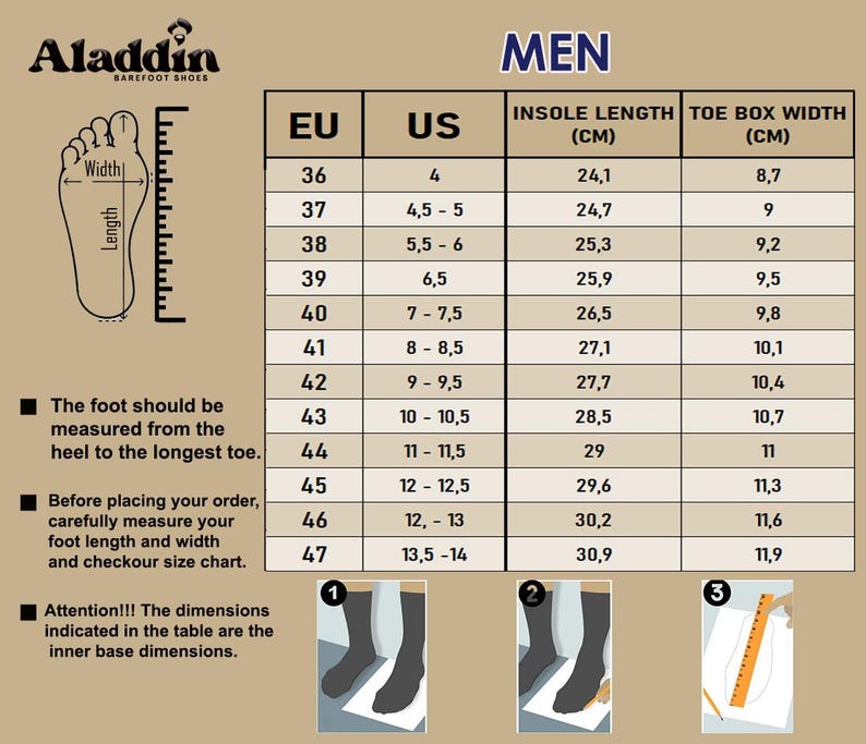 Peut inclure: Tableau des tailles de chaussures pieds nus Aladdin pour hommes. Indique les tailles EU et US, la longueur de la semelle int&eacute;rieure en cm et la largeur du bout du pied en cm. Instructions de mesure incluses.
