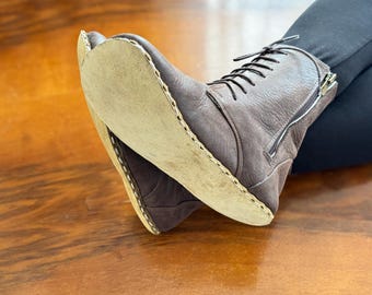 Leather Women Barefoot Ankle Boots: Copper Rivet, Zipper - Bitter Brown