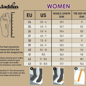 May include: A women's barefoot shoe size chart, displaying EU and US sizes, insole length in cm, and toe box width in cm. Sizes range from US 3.5-4 to 12-12.5. Instructions are given for measuring foot length and width before ordering.