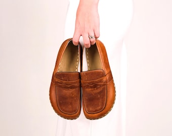 Zapatos descalzos de cuero marrón loco: mocasines Zero Drop para mujer