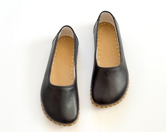 Handmade Leather Grounding Women Shoes: Barefoot Ballet Flats - Black