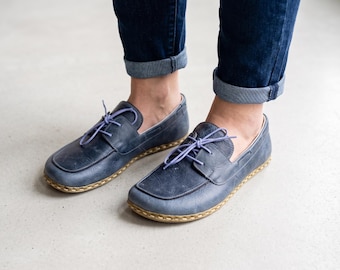 Handgefertigte Damen Erdungsschuhe: Barfußschuhe, Kupfernieten - Jeansblau