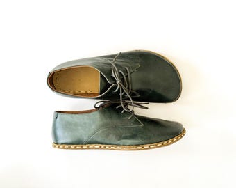 Men's Leather Barefoot Oxford Shoes - Wide Toe Box - Bottle Green