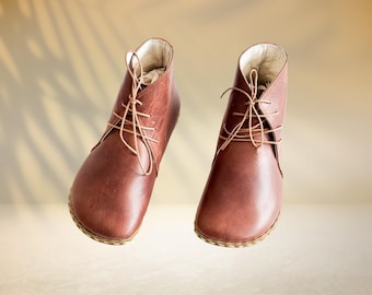 Handmade Leather Barefoot Ankle Womens Boots - Copper Rivet - Classic Brown