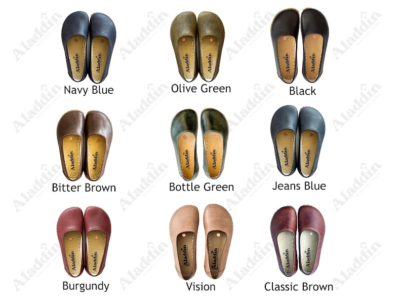 May include: A selection of leather slip-on shoes in shades such as navy blue, olive green, black, bitter brown, bottle green, jeans blue, burgundy, vision, and classic brown. Each pair is shown from above, displaying the sole and the Aladdin brand.