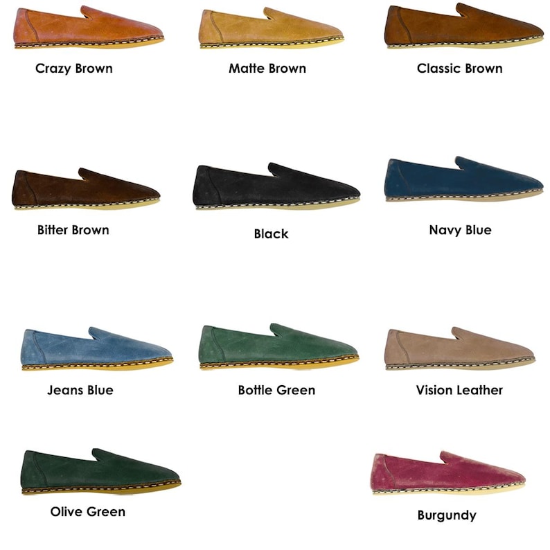 Pode incluir: Uma cole&ccedil;&atilde;o de sapatos slip-on de couro em v&aacute;rias cores, incluindo castanho, preto, azul e verde. Cada sapato tem uma ponta arredondada e uma sola costurada. As cores s&atilde;o rotuladas: Crazy Brown, Matte Brown, Classic Brown, Bitter Brown, Black, Navy Blue, Jeans Blue, Bottle Green, Vision Leather, Olive Green e Burgundy.