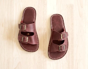 Frauen Burgunder Leder Barfuß Sandalen: Erdung Kupferniet Hausschuhe