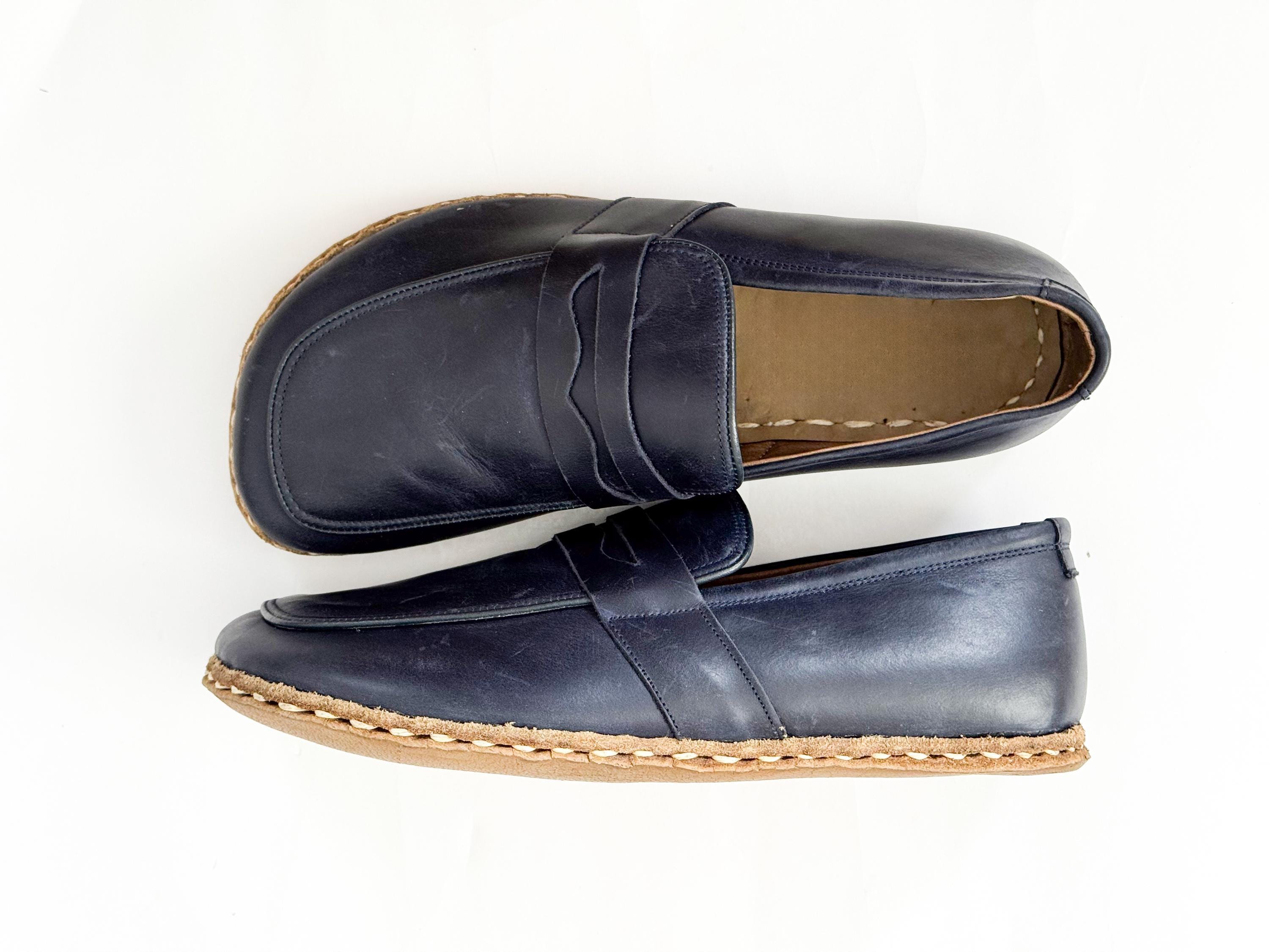 Navy Leather Barefoot Shoes Women: Grounding Moccasins