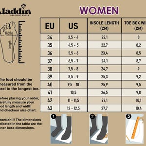Pode incluir: Tabela de tamanhos de sapatos barefoot femininos, com tamanhos EU e US, comprimento da palmilha em cm e largura da biqueira em cm. Tamanhos de US 3,5-4 a 12-12,5. Inclui instru&ccedil;&otilde;es de medi&ccedil;&atilde;o.