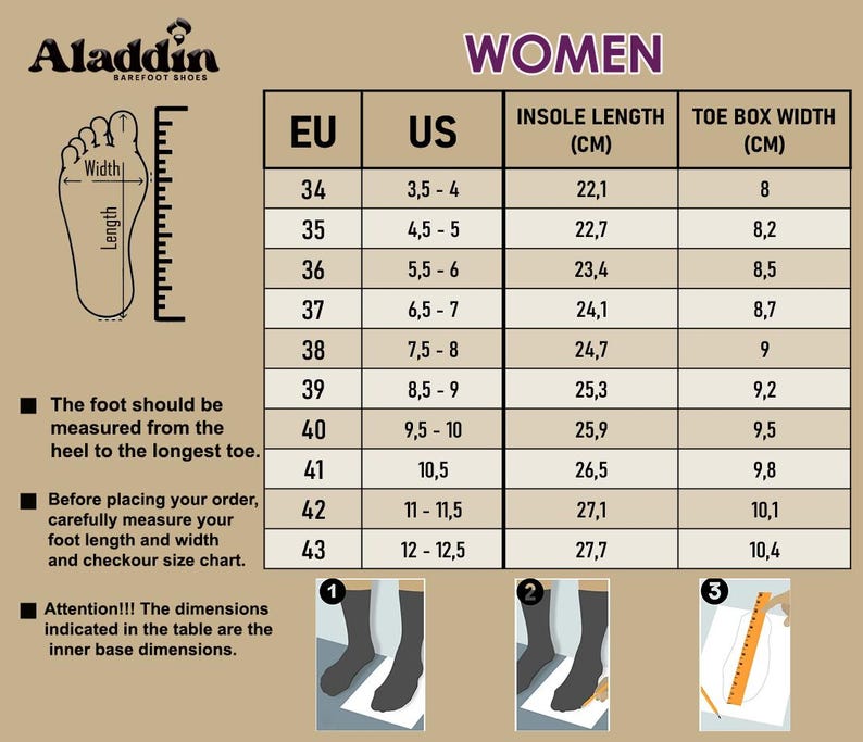 Pode incluir: Tabela de tamanhos de sapatos barefoot femininos, com tamanhos EU e US, comprimento da palmilha em cm e largura da biqueira em cm. Tamanhos de US 3,5-4 a 12-12,5. Inclui instru&ccedil;&otilde;es de medi&ccedil;&atilde;o.