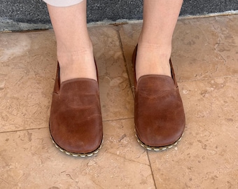 Grounding Leather Barefoot Women Shoes: Wide Toe, Zero Drop, Crazy Brown