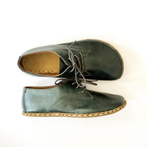 Earthing Shoes For Men, Grounding Shoes,All Leather Shoes, Shoe Gifted, Wide Toe Box, Barefoot Oxford Shoes| Bottle Green