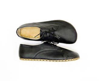Mens Barefoot Copper Leather Oxford Shoes - Wide Toe Box - Black