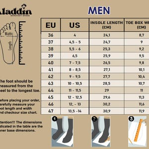 Pu&ograve; includere: Tabella delle taglie di scarpe da uomo, con taglie EU e US, lunghezza della soletta interna in cm e larghezza della punta in cm. Include istruzioni per misurare la lunghezza e la larghezza del piede.
