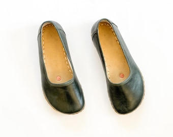 Handgefertigte Leder Damen Erdungs Mokassins: Barfuß Ballerinas, Flaschen Grün
