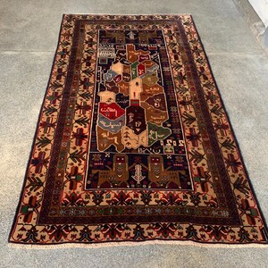 3,11 x 6,7 voet, met dieren handgemaakt vintage Afghaans stambaluch picturale kaarttapijt, handgeknoopt tapijt, 100% wollen tapijt, vloerkleed, design interieur