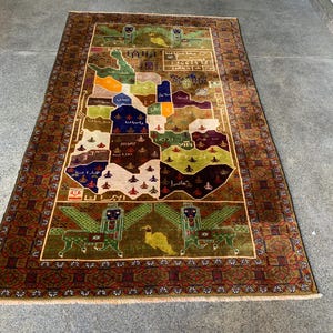 3,11 x 6,5 voet, met dieren handgemaakt vintage Afghaans stambaluch picturale kaart tapijt, handgeknoopt tapijt, 100% wollen tapijt, vloerkleed, design interieur