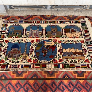 6,3 x 5,8 AFghaans beeldtapijt, handgemaakte wol tribale kaart van topkwaliteit van Afghanistan Zeldzaam tapijt, provinciefoto beschikbaar Wanddecoratie kaart