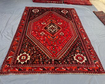 Antique vintage 6,11x9,9 FT Afghan Rug, Hand Knotted Caucasian Terracotta Rug, Navy Blue Red Faded wool Rug, Turkish Oriental Bedroom Rug,