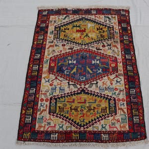 3.6x 4.7 ft vintage Afghan tribal  pictorial Animal  rug, 100% wool  Hunting rug, hand knotted oriental wall Hanging rug. Baluch LIving Room