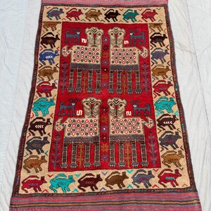 Antique pictorial 3,10x6 ft Red Blue rug, Afghan Baluchi Rug, Hand-knotted Animal Print Soft Tribal wool Bohemian Antique oriental Area Rug,