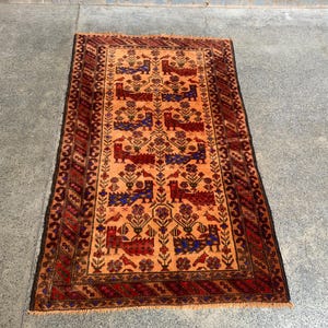 Afghan Rug, 3 x4.9 ft  Pictorial vintage tribal Rug, Afghan Handmade Wool Area baluchi  Rug, oriental Antique Rug, Bedroom kids RoomCarpet