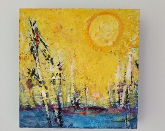 small art, yellow and blue semi abstract Landscape Painting by Francine Ethier, 8x8 inches
