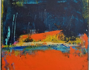 Orange and Blue, Small art, abstract Landscape Original Painting by Francine Ethier