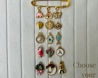 Custom Charm Brooch • Personalized Safety Pin • Create Your Own Brooch • Gold Enamel Charms • Christmas Gift • Bag & Clothing Accessory