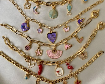 Pulsera personalizada con dijes: latón crudo bañado en oro. Elige tus dijes.