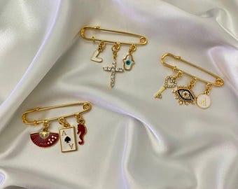 Customizable Charm Safety Pin Brooch: Handmade Lucky Brooch