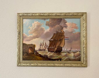 Cuadro original Batalla naval sobre tabla de Alfonso Moreno, escena marítima al óleo enmarcada, decoración de pared con veleros, 30 x 40 cm.