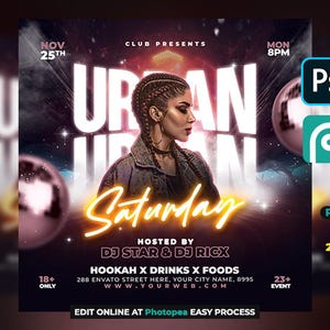 Editable Urban Saturday Party Flyer Template, Grunge Style Flyer, Club Party Flyer, DJ Night Canva Poster, Rock Music Event Flyer, 4x4 Inch