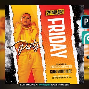 Editable Club Party Flyers Template, Dj Night Poster, PSD Flyers, Music Event Flyer for DJ or Night Club Flyers, 4x4 Inch
