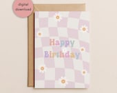 Pink Checkered Happy Birthday Card 5x7": Retro Hippie Pastel Checkered Groovy Daisy (Digital Download)