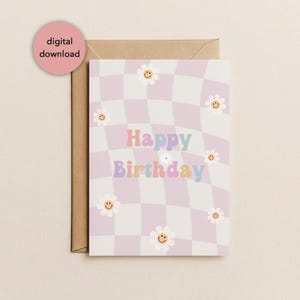 Afdrukbare pastelroze geruite gelukkige verjaardagskaart | Retro hippie roze geruite verjaardagskaart groovy madeliefje voor haar digitale download van 5 x 7 inch