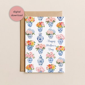 Tarjeta imprimible para el Día de la Madre con estampado chinoiserie / Toile de Jouy. Tarjeta de felicitación floral Grandmillennial de 13 x 18 cm. Descarga digital.