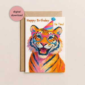 Biglietto di auguri di compleanno stampabile a forma di tigre per la festa / Biglietto di auguri di compleanno per la festa di safari con animali selvatici e tigre per tutti, 5x7" (download digitale)