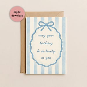 Schöne Geburtstagskarte mit blauer Schleife zum ausdrucken | Trendy Blaue Schleife Girly Ästhetik Kokette Bogen Geburtstagskarte für Sie 5x7 ""Digital Download."