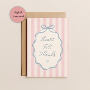 Printable Pastel Blue Coquette Bow Heart Felt Thanks Card | Trendy Blue Bow Girly Aesthetic Thank You Card for Her 5x7&quot; Digital Download
