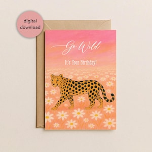Tarjeta de cumpleaños imprimible con diseño de guepardo salvaje / Tarjeta de cumpleaños con diseño de margaritas y flores silvestres para ella, 5x7", descarga digital