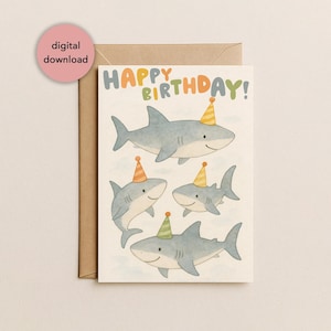 Printable Shark Happy Birthday Card | Cute Great White Shark Birthday Card Sharktastic Birthday Card for Shark Lovers 5x7" Digital Download